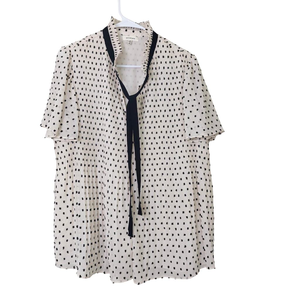 Max Studio Cream Blouse with Black Dot Print and Black Tie